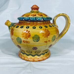Italica Ars Italy Ceramic Teapot Floral Yellow Green Multicolor Vintage